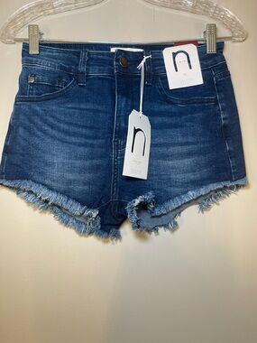 Nature Denim Dark Blue Frayed Hem Denim Shorts